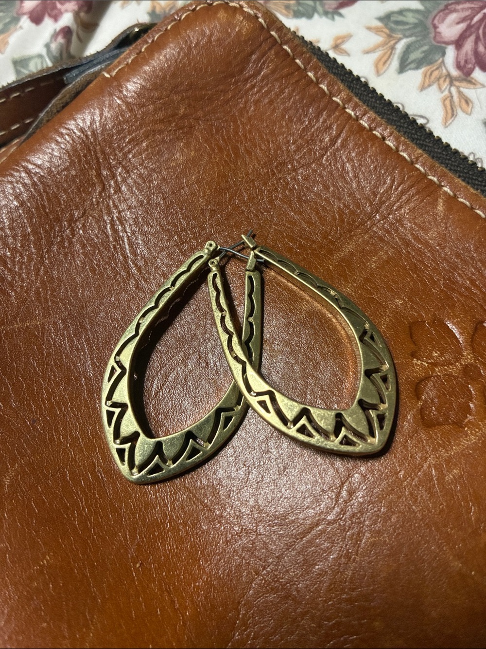 Lucky Brand Antique Gold Teardrop Cutout Hoop Earrings